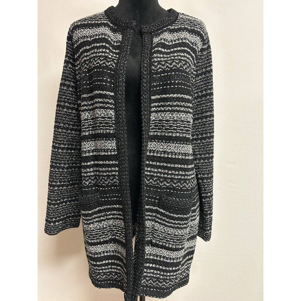 Talbots Womens Sz Large Black Gray Sparkle Long Open Cardigan Sweater/ Jacket